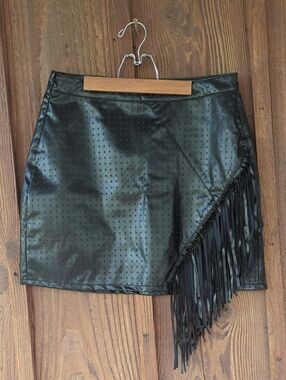Black Faux Leather Fringe Mini Skirt by